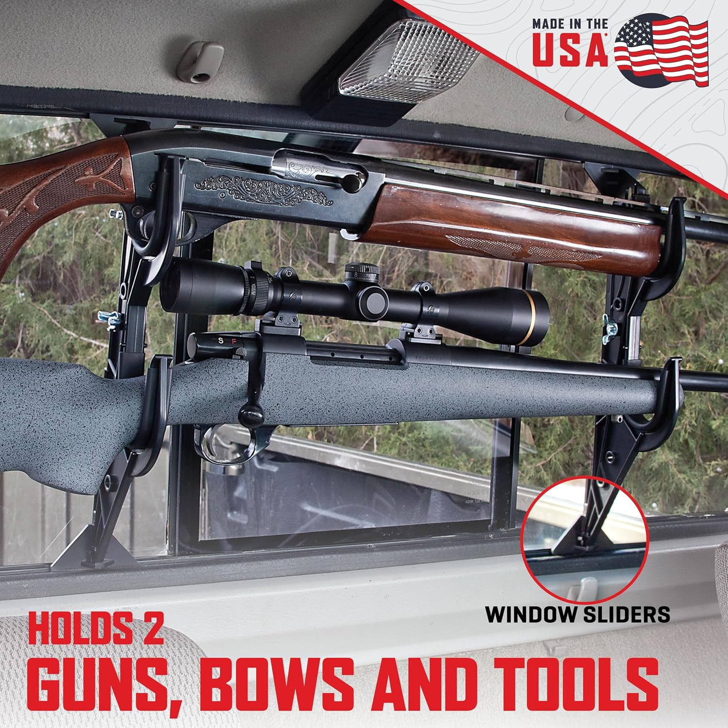 Allen Company Molded Truck Gun Rack for Rear Window - Gun Holder for Two Shotguns. Rifles. Bows. or Tools - Gun and Hunting Accessories for Car or Wall Mount - Adjustable 9.5-16.5 . Black
