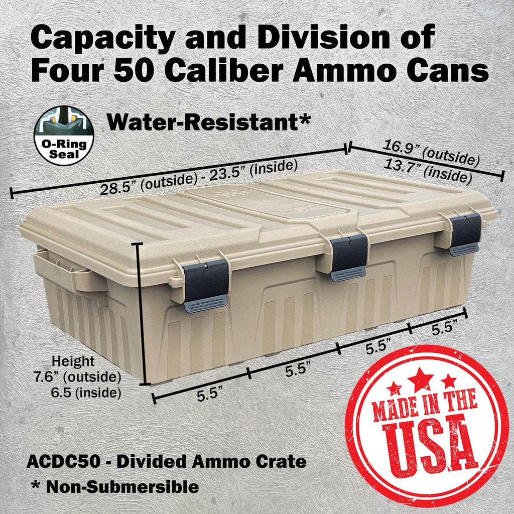MTM ACDC50. Divided Ammo Crate Utility Box. Water Resistant. Ammo Storage Box. Lockable Storage Keeping Ammo Safe. Survival or Hunting Gear. Made in USA. Dark Earth