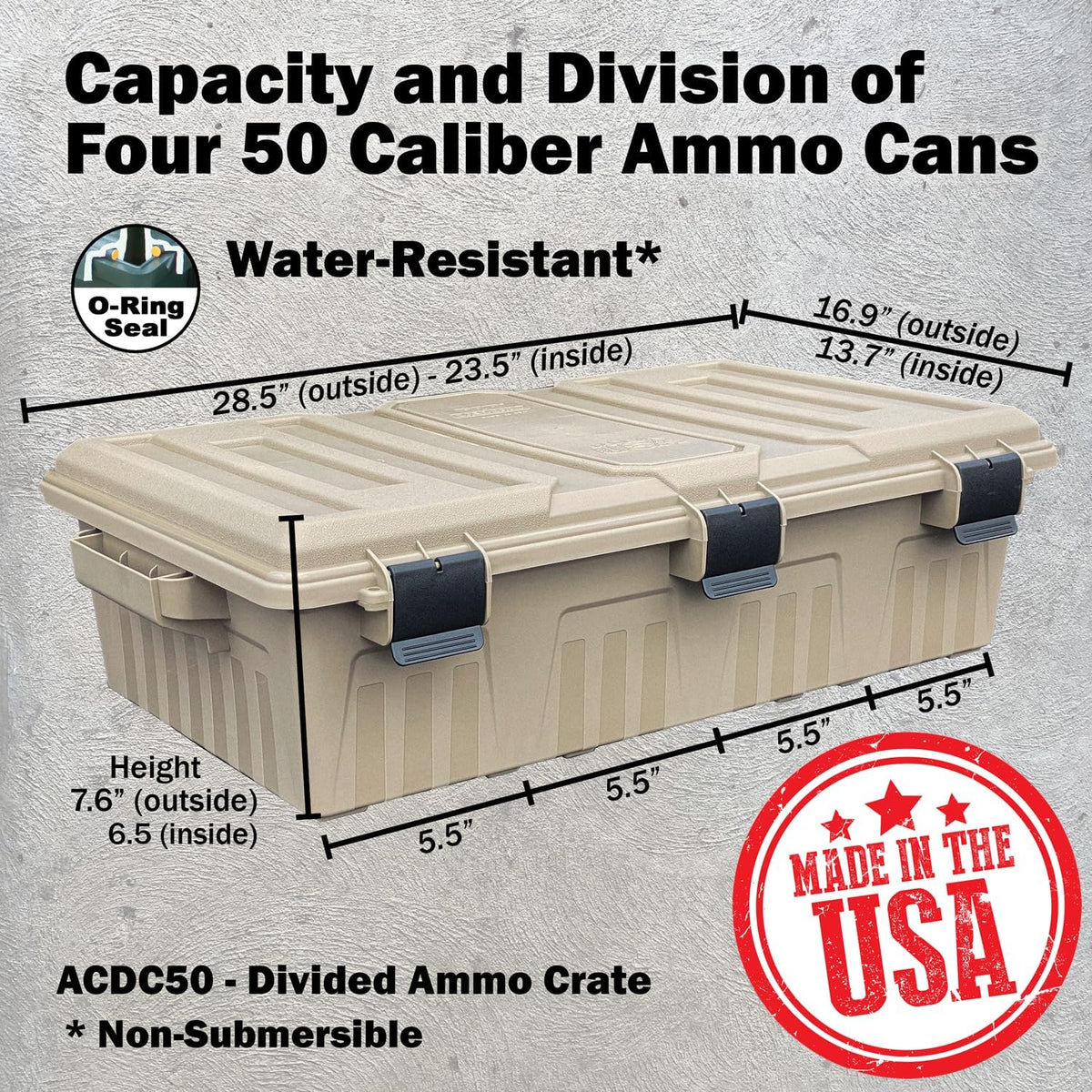 MTM ACDC50. Divided Ammo Crate Utility Box. Water Resistant. Ammo Storage Box. Lockable Storage Keeping Ammo Safe. Survival or Hunting Gear. Made in USA. Dark Earth